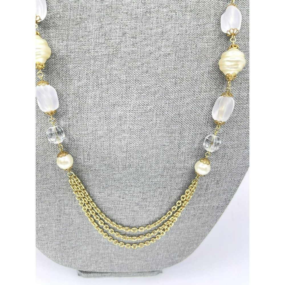 Baroque Pearl Necklace With Crystal Glass Beads On Double Gold Tone Chain